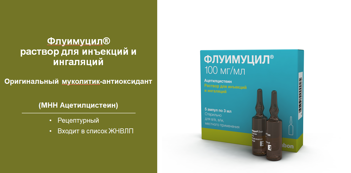 Флуимуцил® розчин для ін'єкцій та інгаляцій (МНН Ацетилцистеїн)